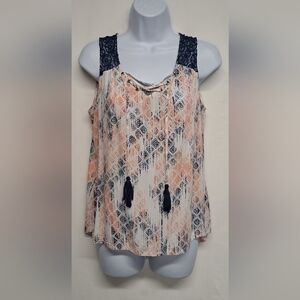 Como Petite PM Sleeveless Top Lightweight Lace Partial Tie Front Fringe